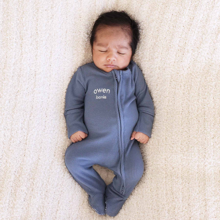 baby boy dark blue white thread embroidered name footie bamboo waffle