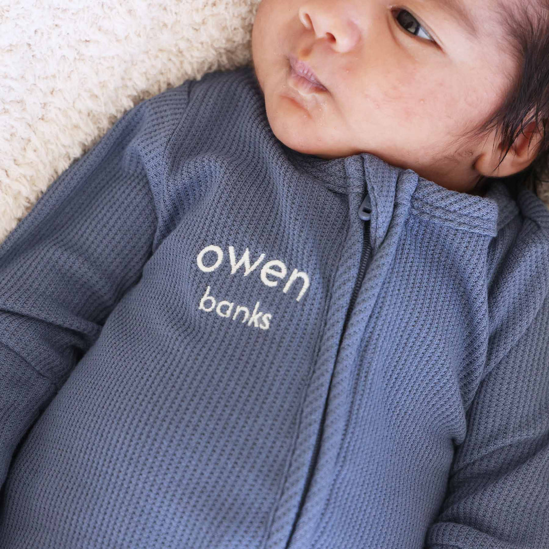 bamboo waffle zipper footie embroidered with name blue 