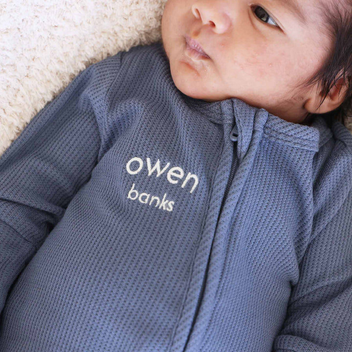 bamboo waffle zipper footie embroidered with name blue 