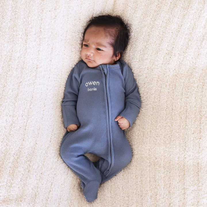 blue embroidered name zipper footie for baby boys bamboo waffle 
