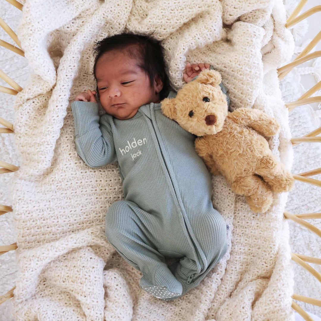 light green embroidered bamboo waffle zipper footie 