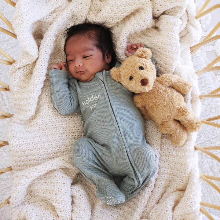 light green embroidered bamboo waffle zipper footie 