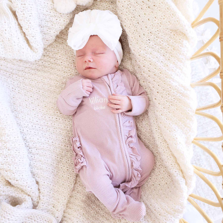 elderberry embroidered ruffle zipper footie for girls 