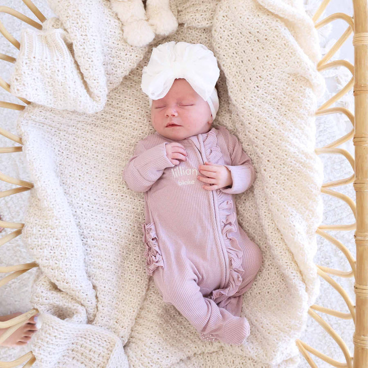 embroidered light purple bamboo waffle ruffle zipper footie for baby girls 