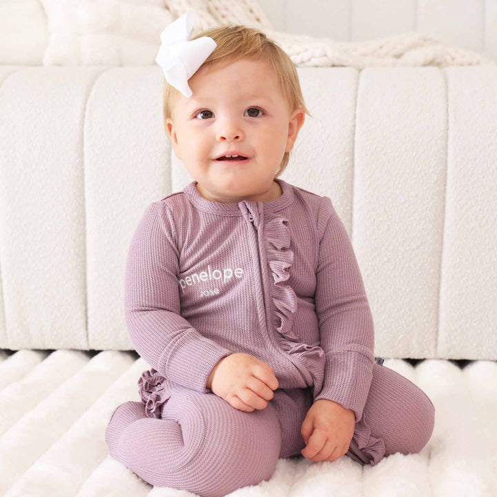 personalized amethyst bamboo waffle zipper ruffle footie 