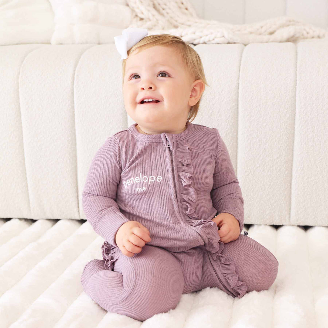 embroidered purple bamboo waffle ruffle footie for girls 