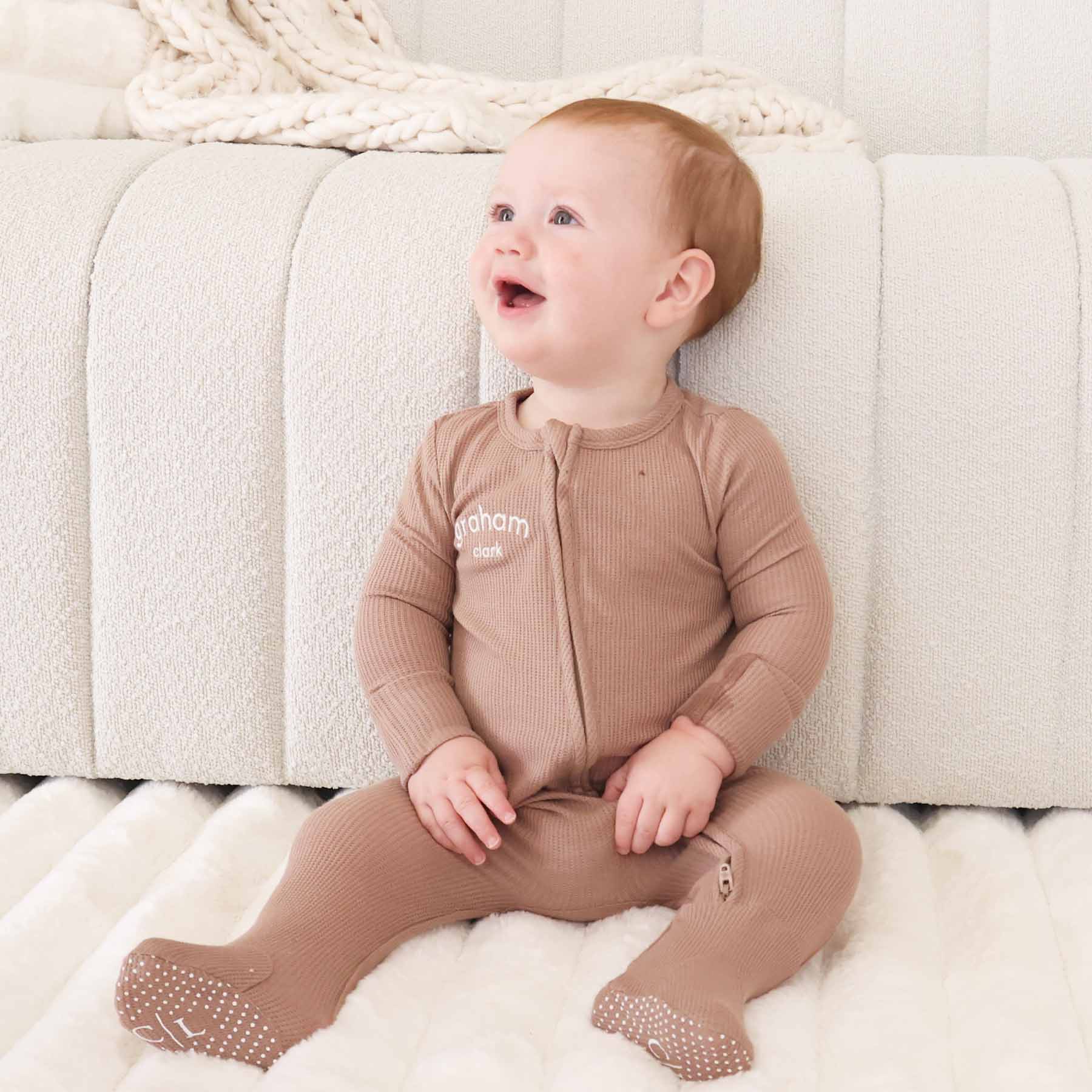Embroidered Bamboo Waffle Zipper Footie | Cocoa