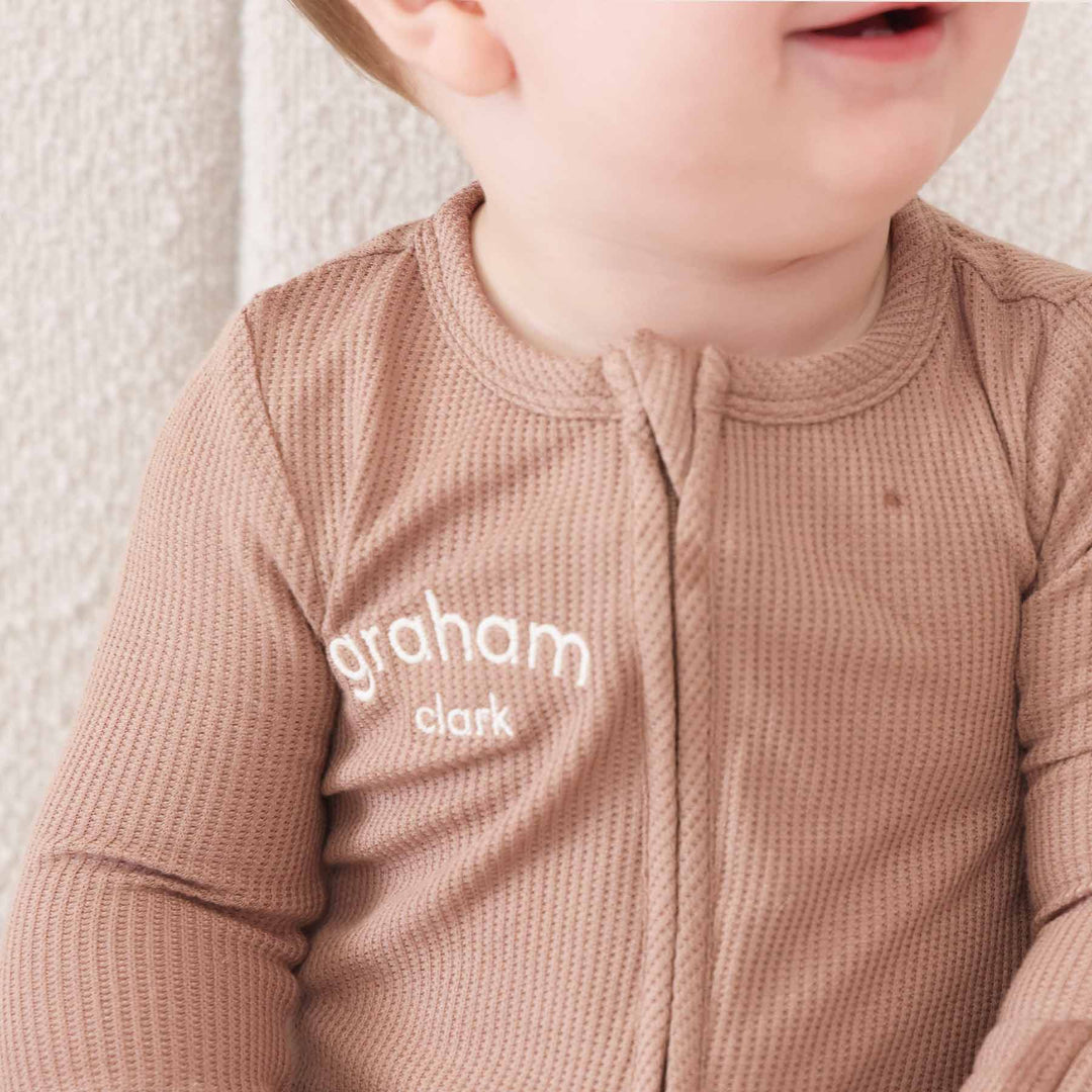 embroidered name gender neutral zipper footie brown 
