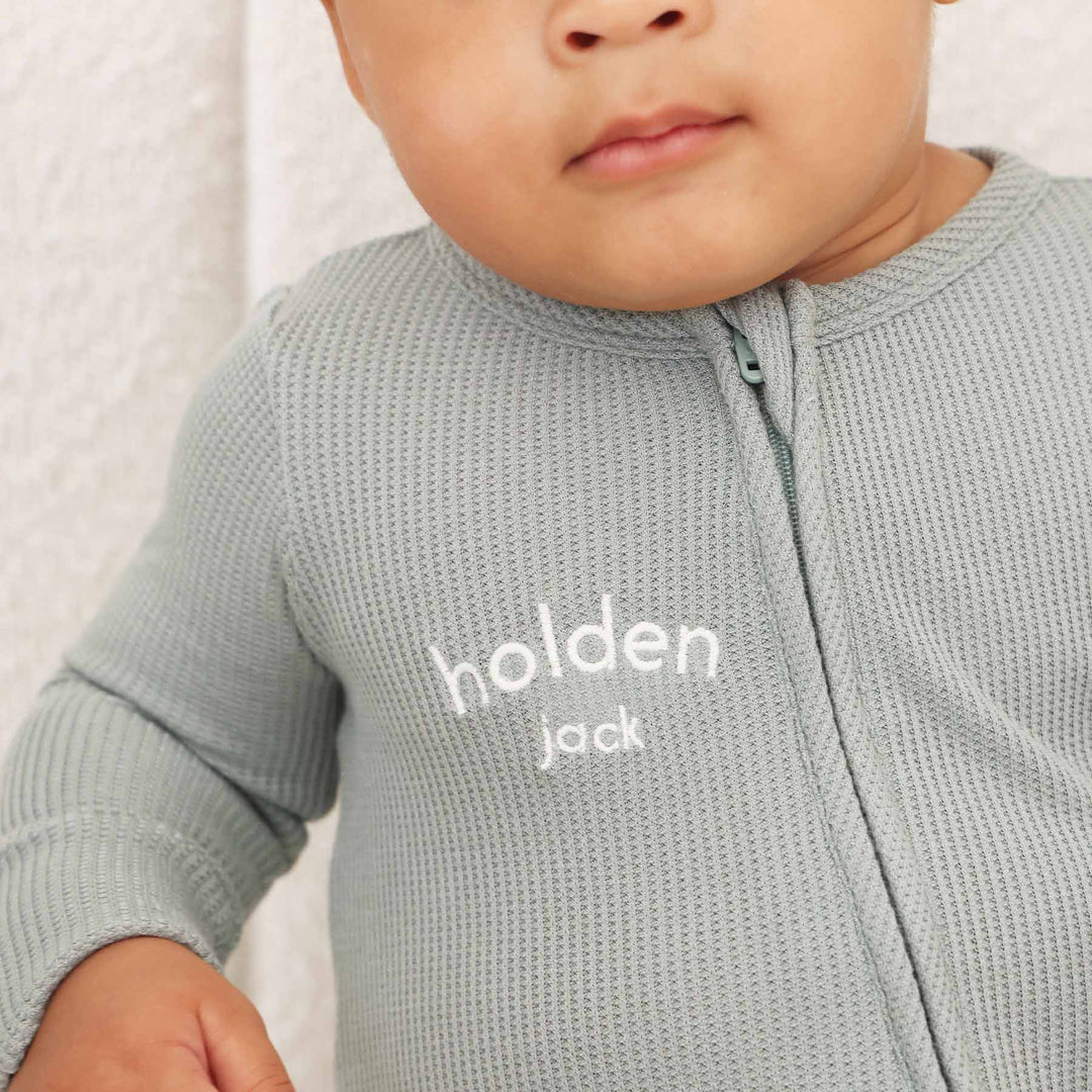 light green personalized bamboo waffle zipper footie for babies gender neutral 