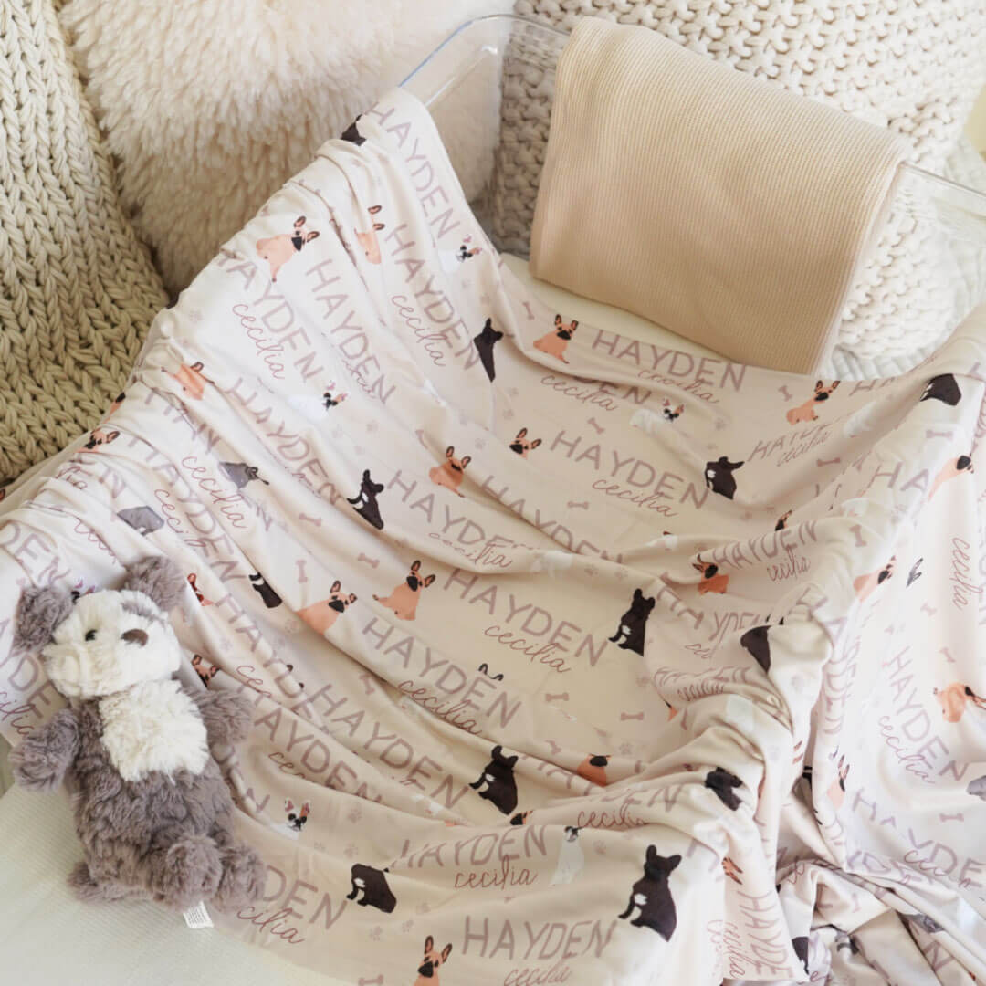 personalized baby name swaddle blanket with french bulldogs