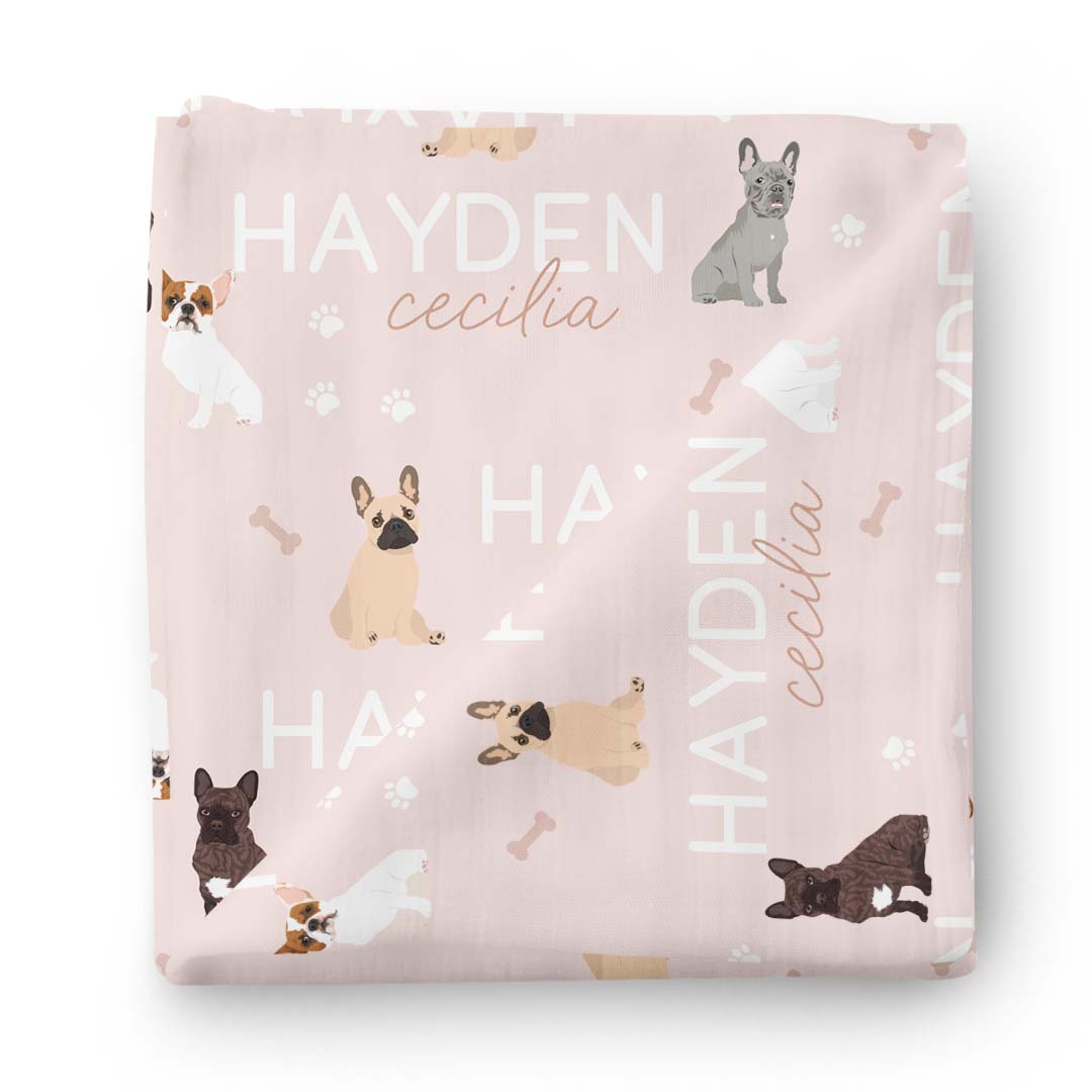 pink personalized swaddle blanket with frenchies