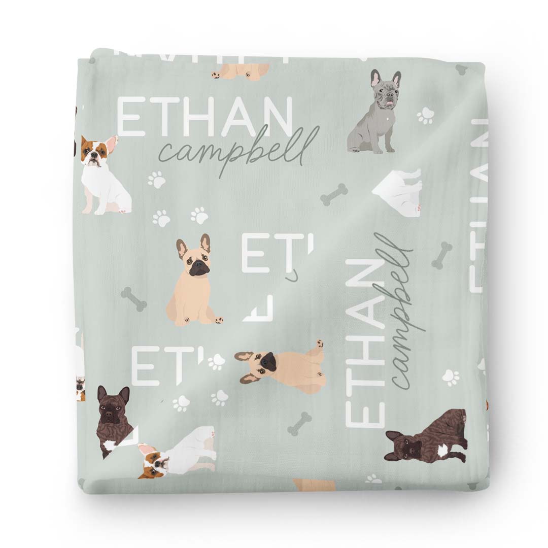swaddle blanket with french bulldogs personalized with name sage 
