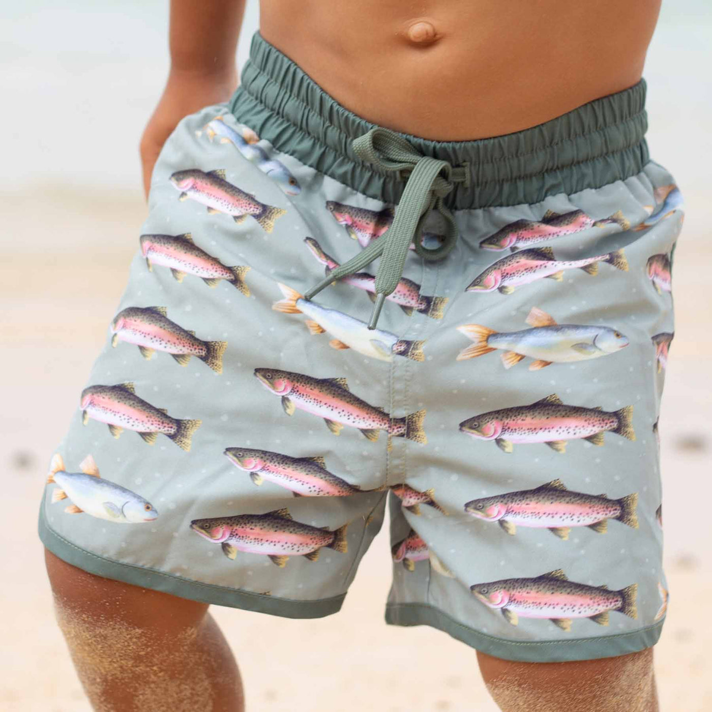 green swim trunks for boys with rainbow trout 