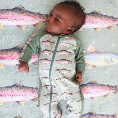 fishing themed long sleeve swim romper for babies 