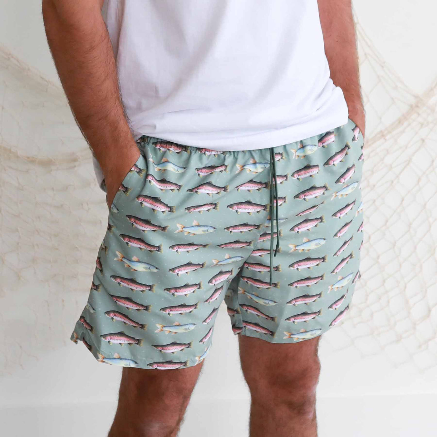 green trout swim trunks for dad with drawstring