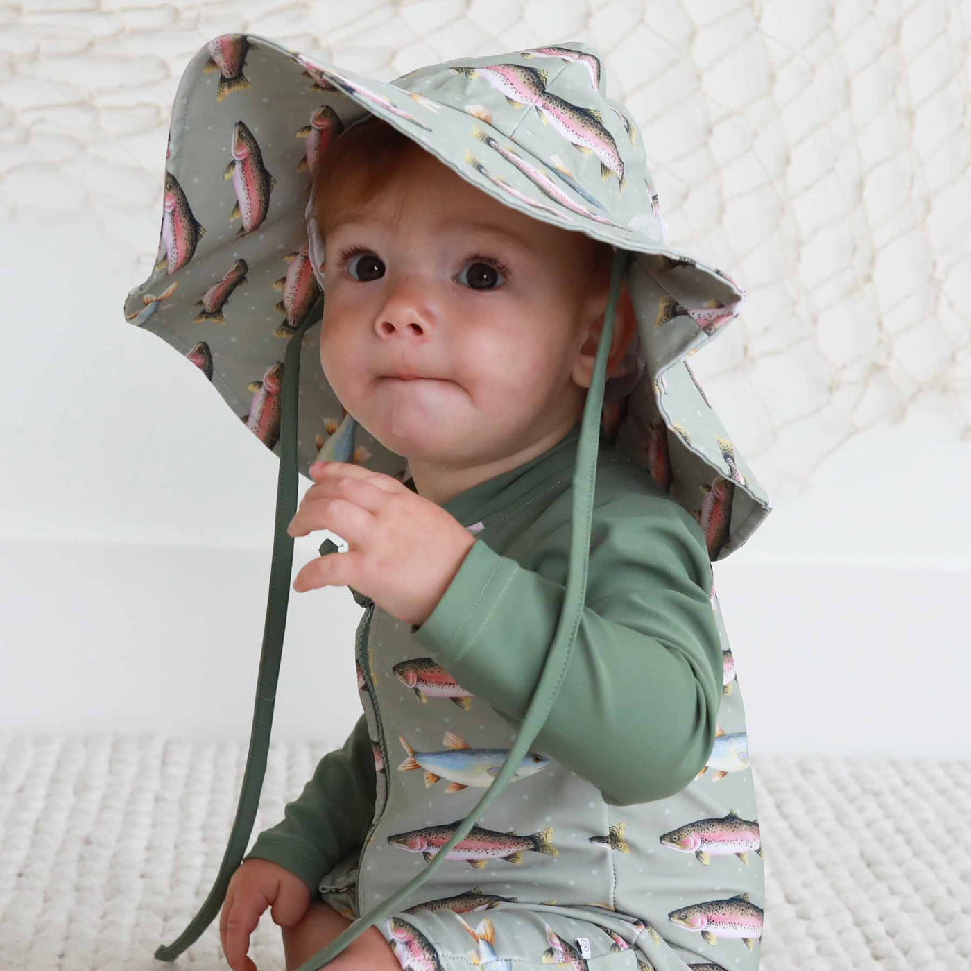 fishing themed swim hat for babies green 