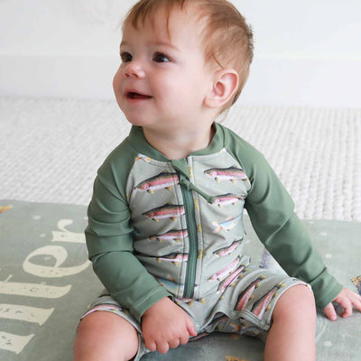 baby swim romper with shorts green with trout 