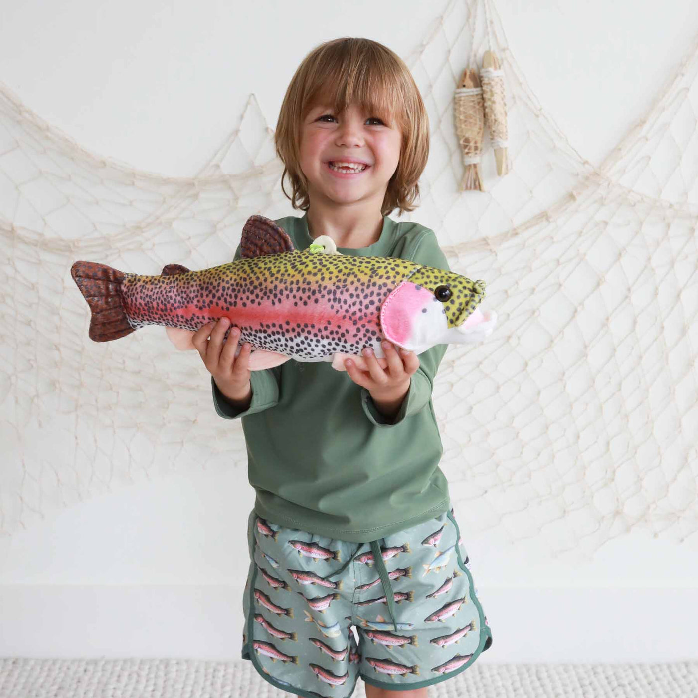 kids swim trunks green with trout 