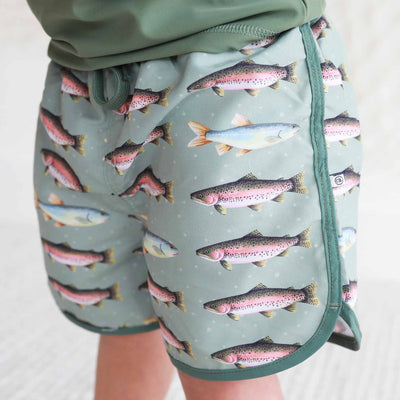 boy's swim trunks green with fish 