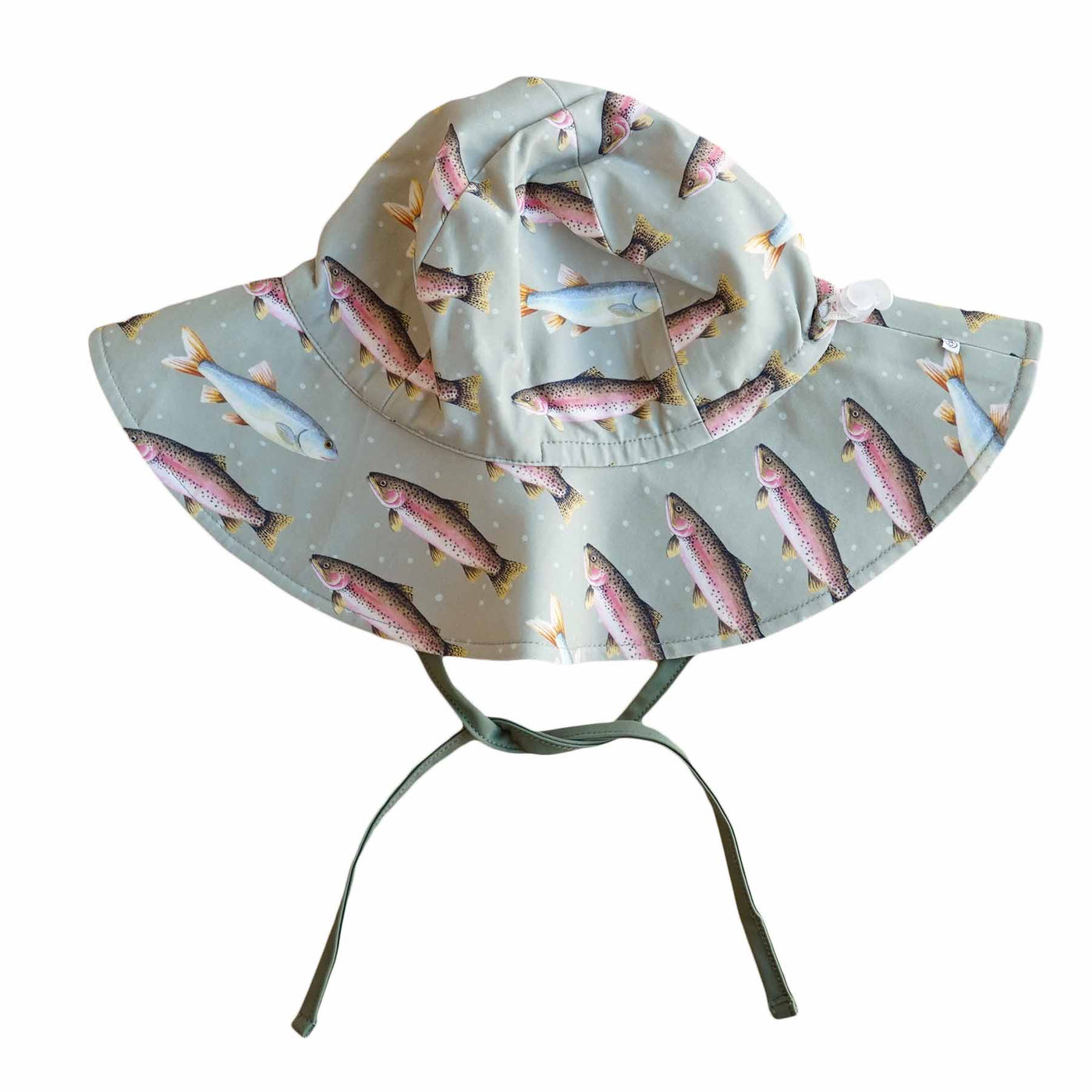 green waterproof sun hat for babies with trout 