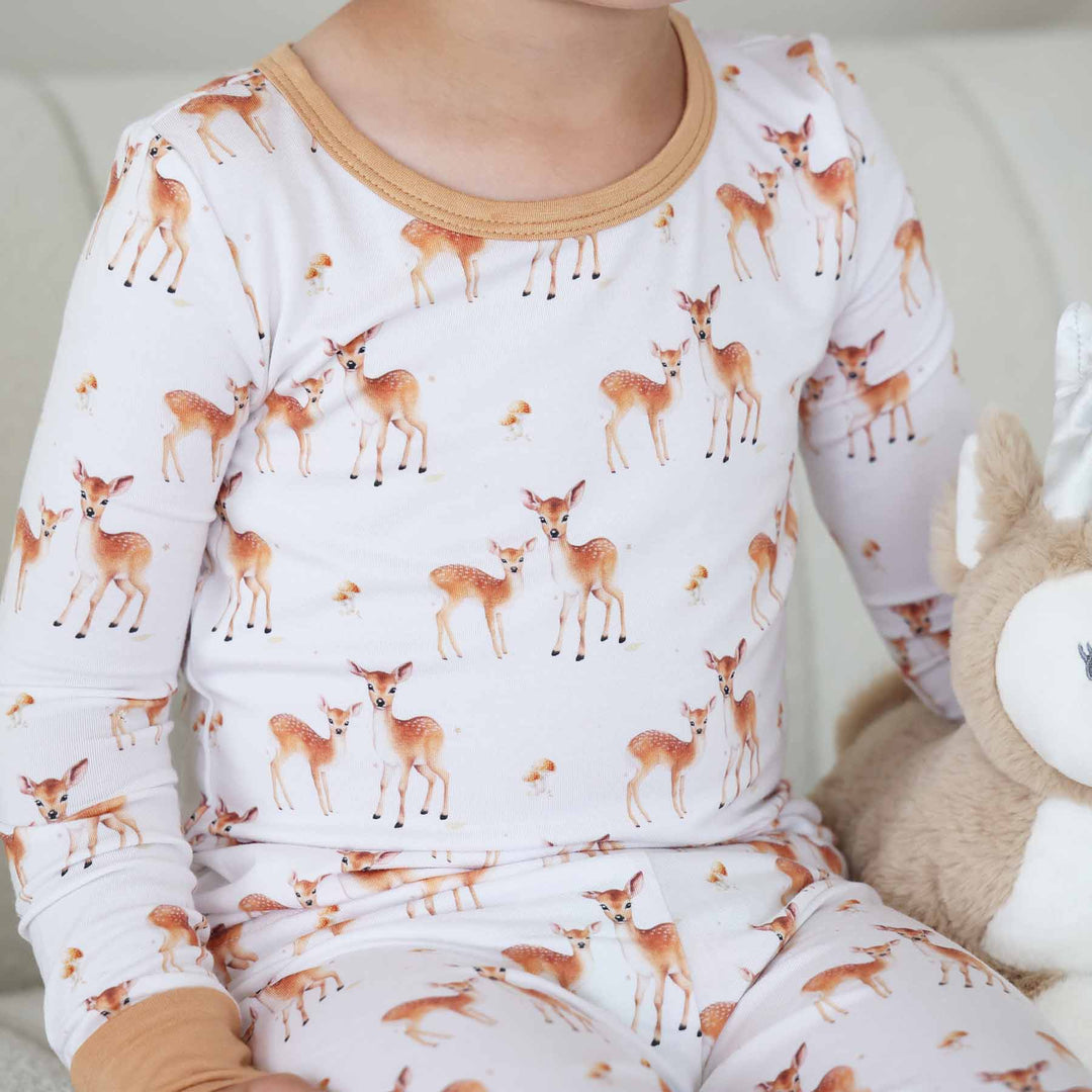 baby deer and mushroom long sleeve pajama set for kids 