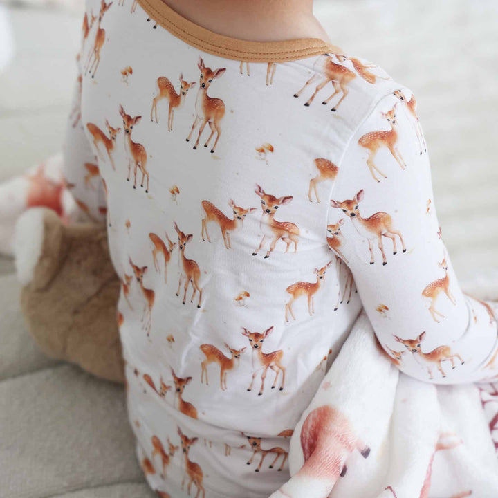 fawn, deer and mushroom two piece pajama set for kids 