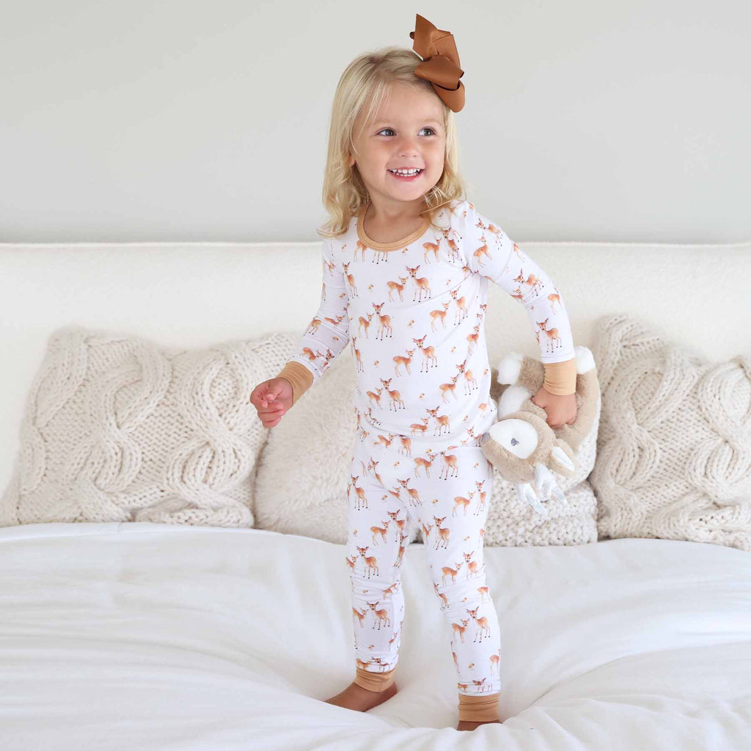 friendly fawn neutral tone two piece pajama set 