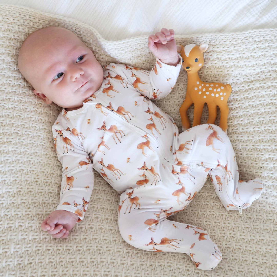 gender neutral fawn baby zipper footie 