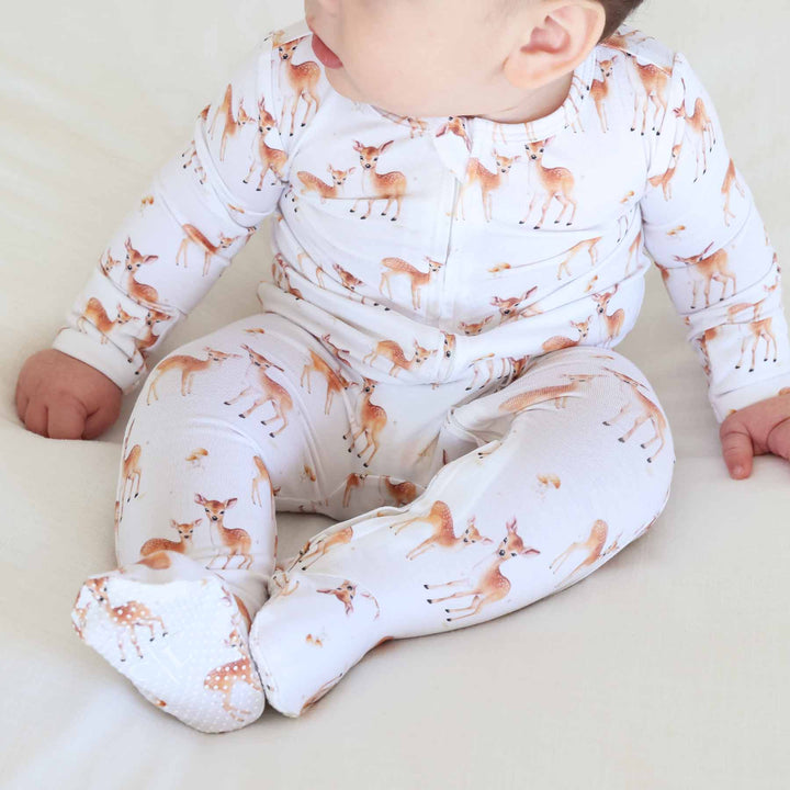 baby zipper footie with deer and mushrooms 