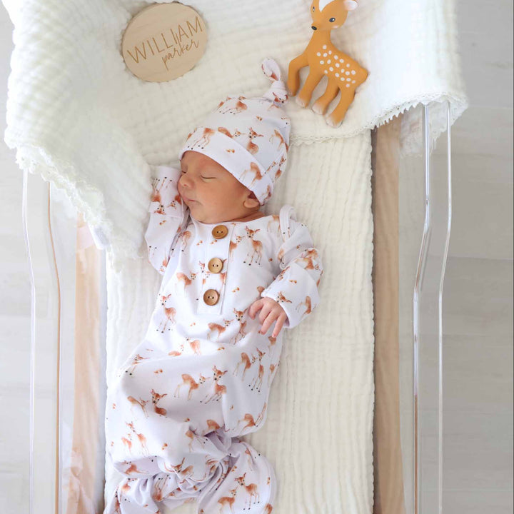 gender neutral fawn knot gown and hat set for newborns 