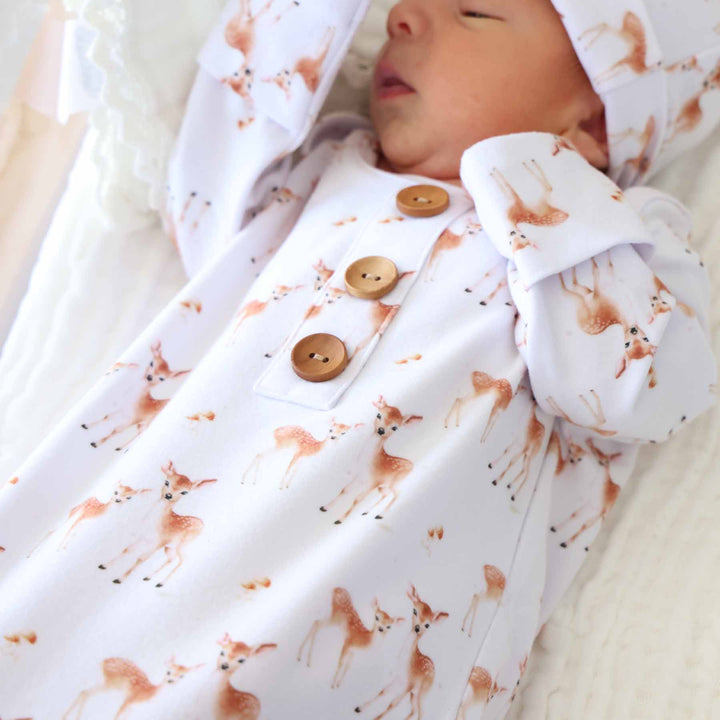 friendly fawns newborn knot gown and hat set with wooden buttons on the front 