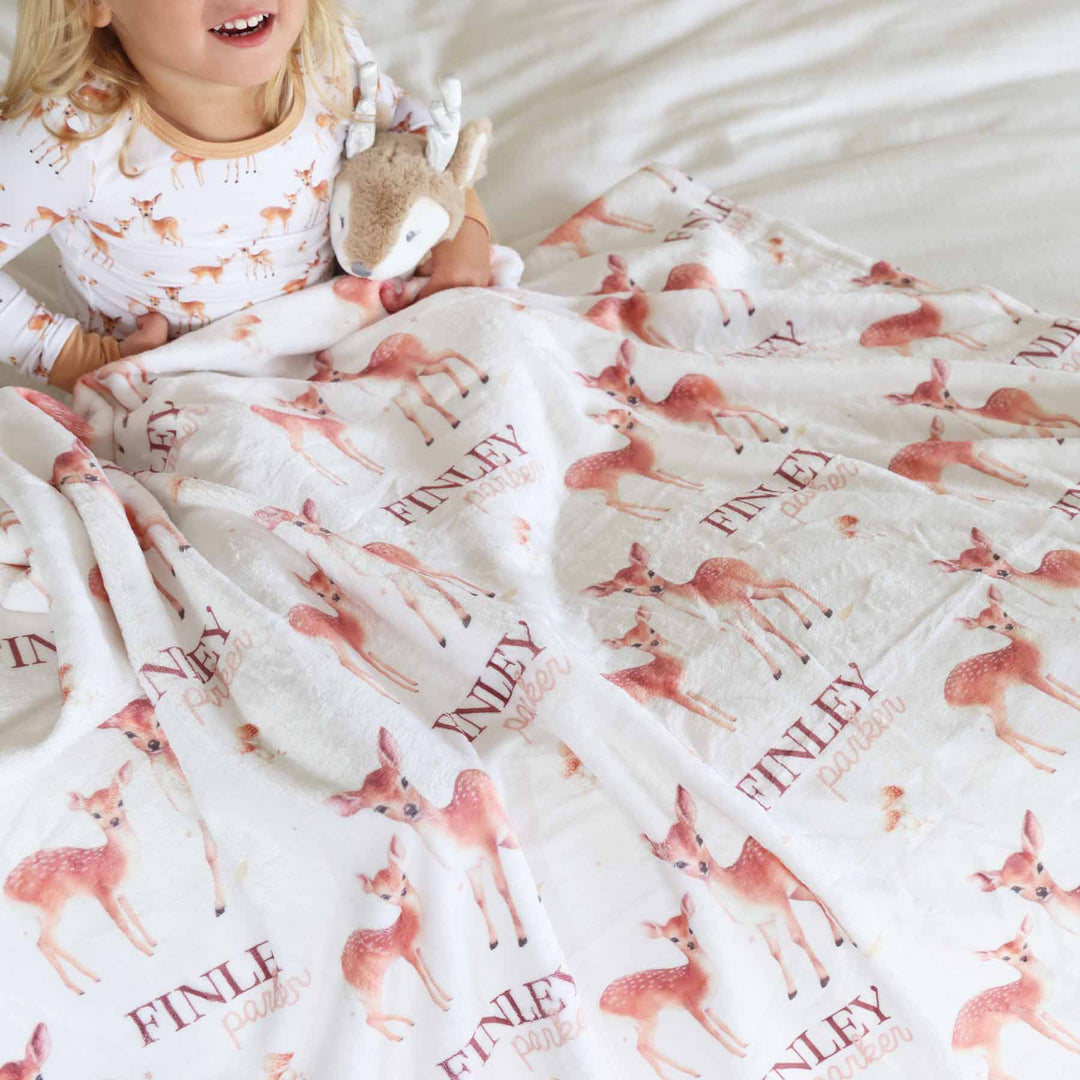 friendly fawn neutral personalized deer and mushroom blanket for kids 