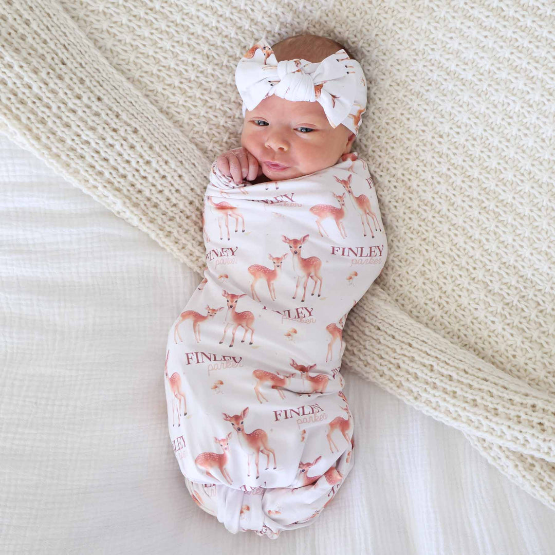 friendly fawn gender neutral personalized swaddle blanket for newborns 