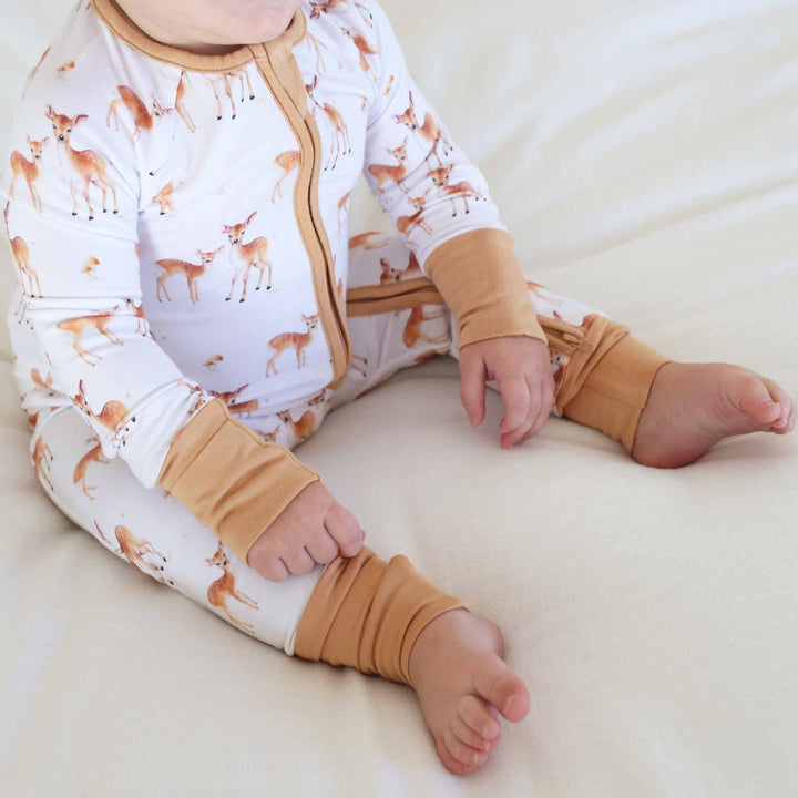 friendly fawn convertible zip romper pajama with flip mitts and footies 