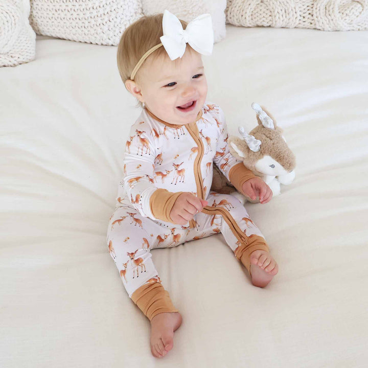baby girl wearing deer bamboo viscose convertible zip romper 