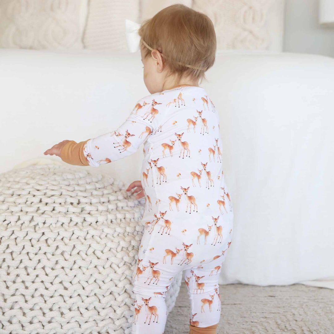 friendly fawn convertible zip romper pajama with flip mitts and footies 
