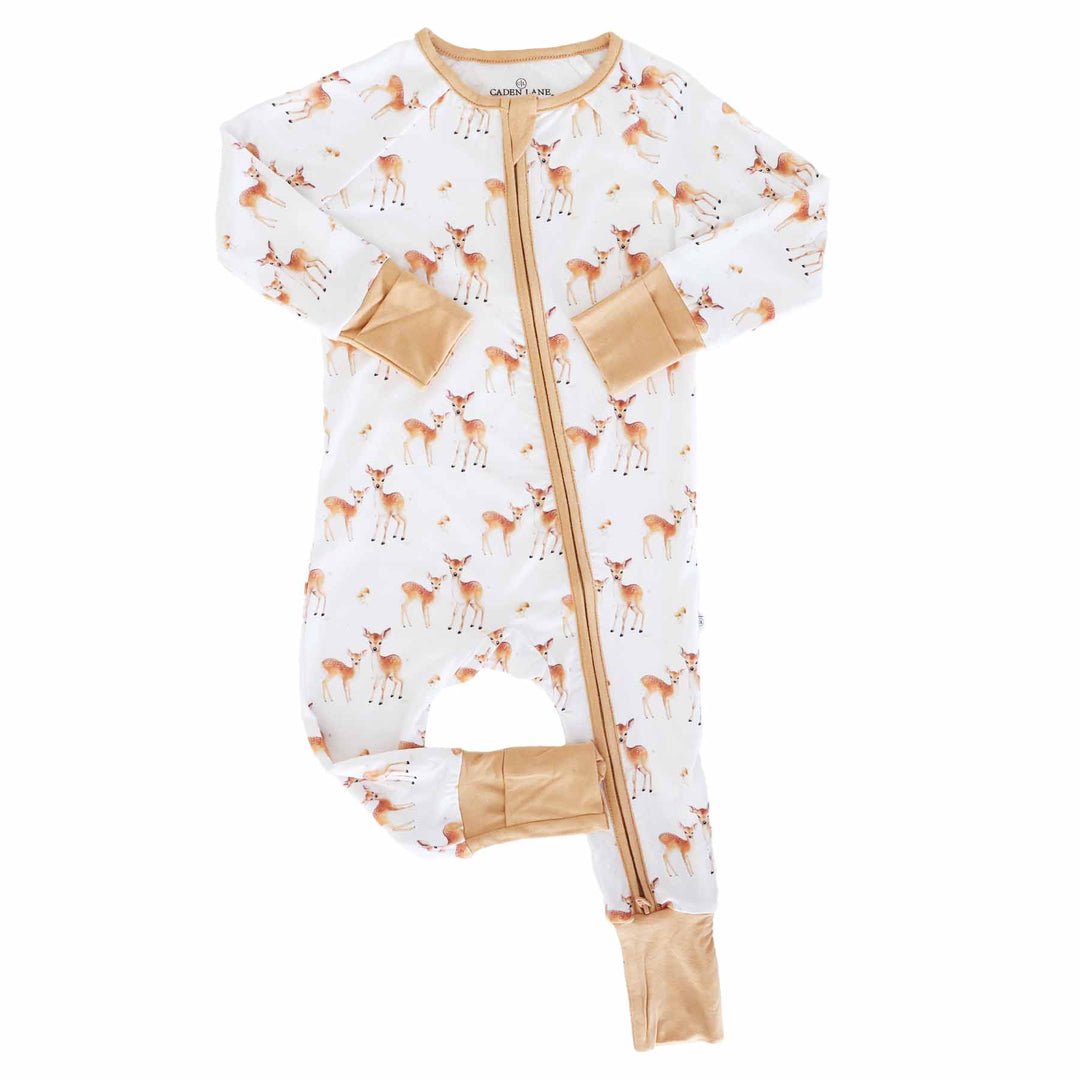 white and rust convertible zip romper for babies and toddlers with deer 