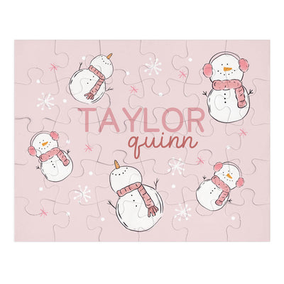 personalized kids puzzle pink with snowmen