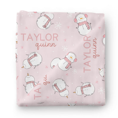 personalized swaddle blanket pink with snowmen 