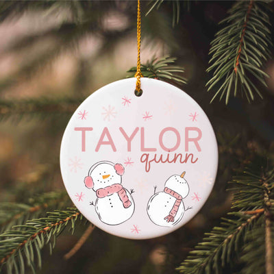 personalized pink christmas ornament with snowmen 