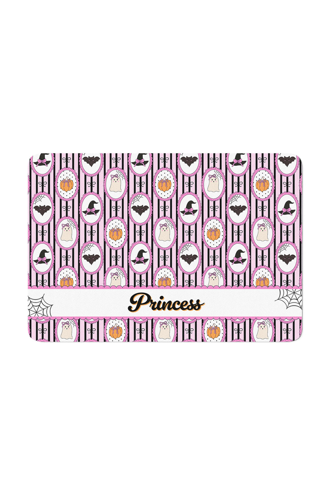 Personalized pink and black Halloween pet placemat with pumpkin, bat, and witch hat pattern, customized with the name 'Princess' in cursive.