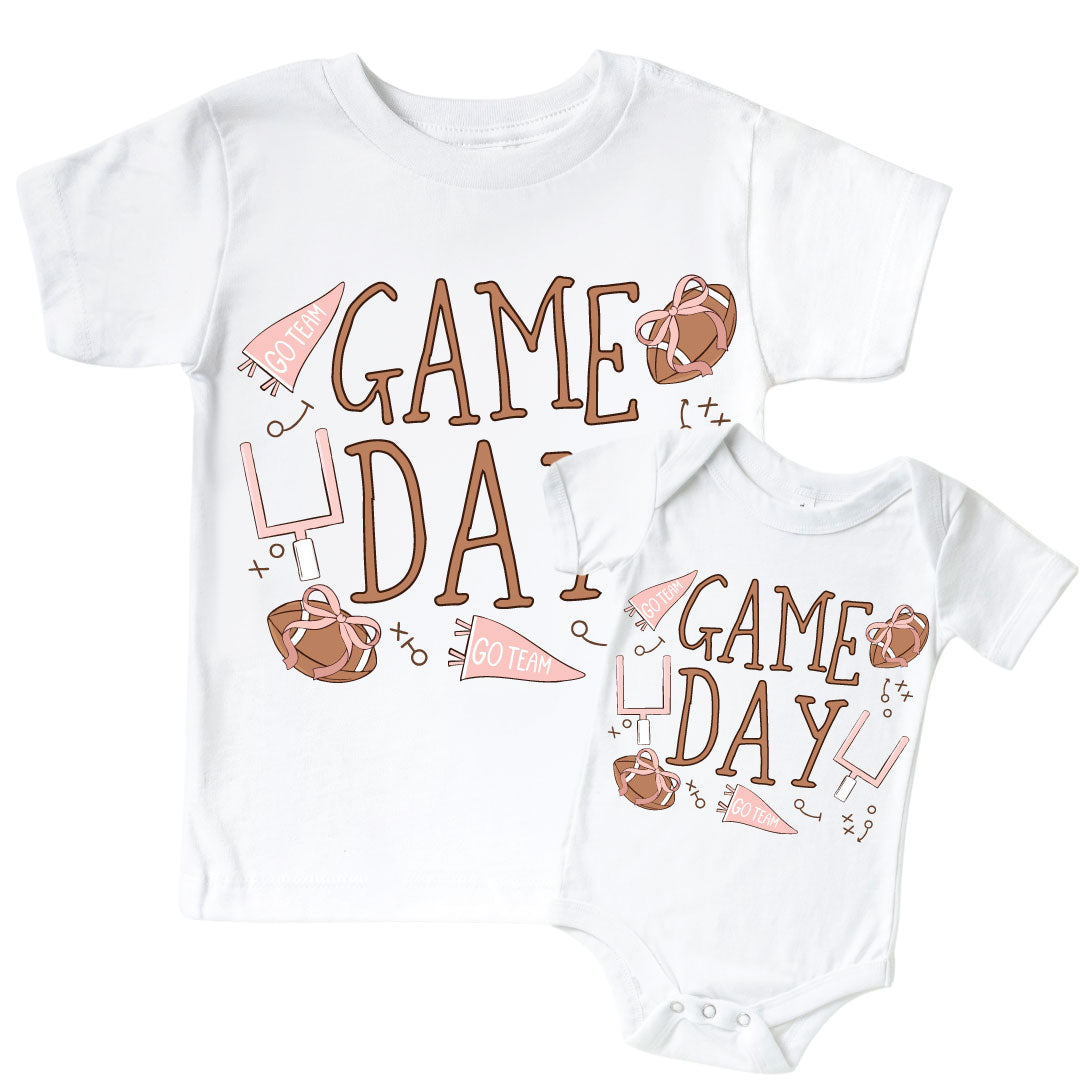 Game Day Pink Graphic Bodysuit & Kids Tee | White