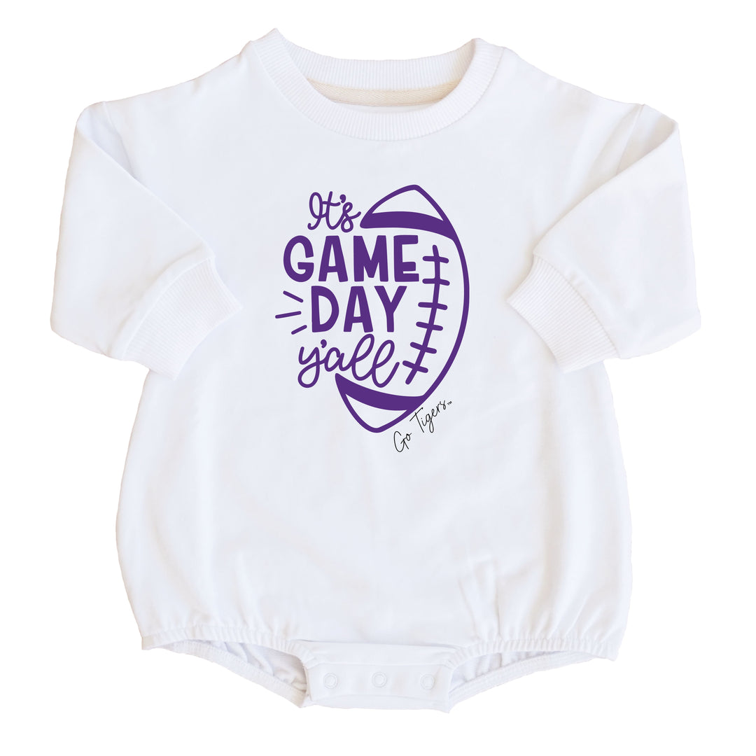 Louisiana State University | Footballs & Bows Graphic Sweatshirt Bubble Romper