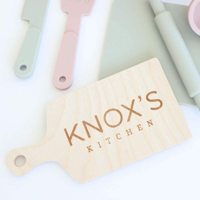 green and pink kitchen set with personalized cutting board