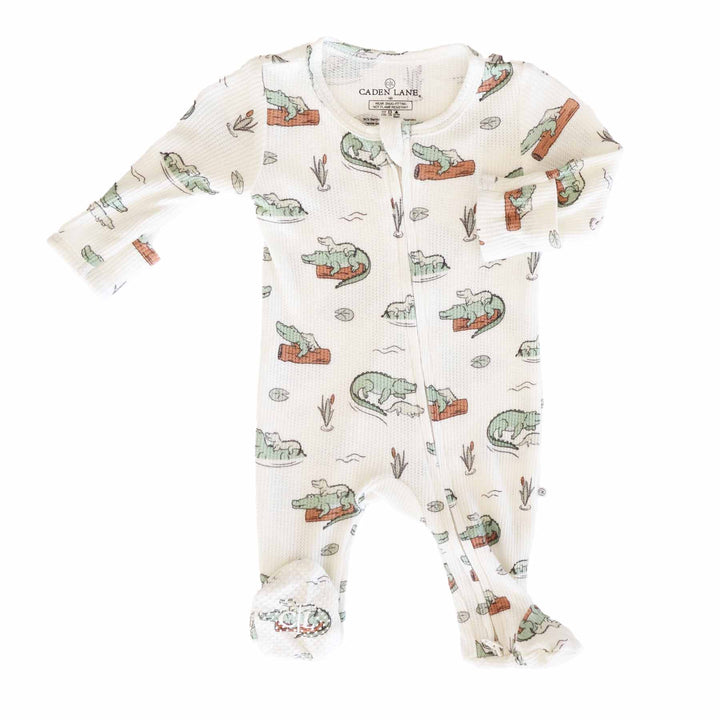 alligator baby zipper footie bamboo waffle