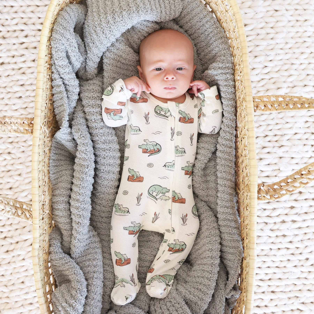 gator bamboo waffle zipper footie for babies tan, green and brown