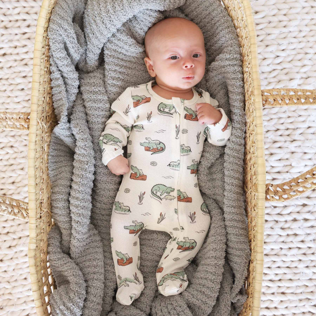 crocodile bamboo waffle zipper footie for baby boys 