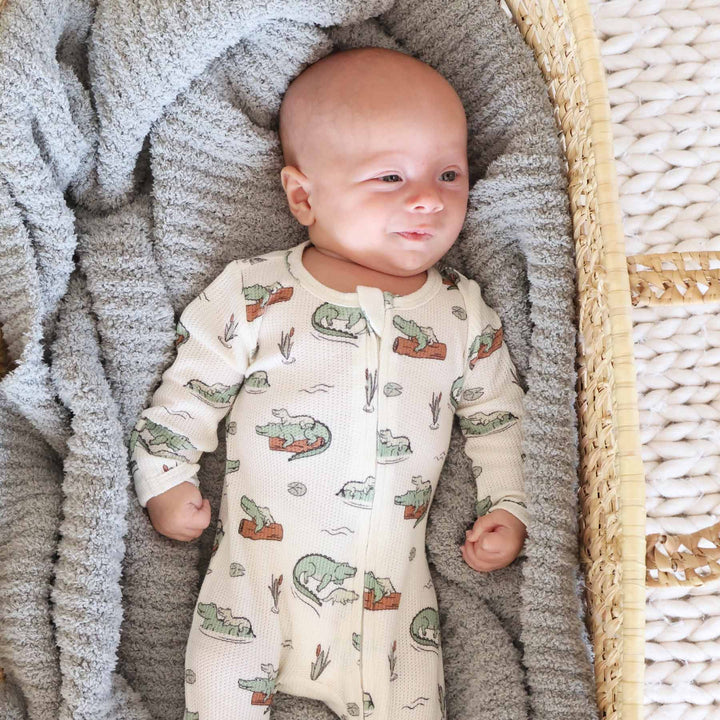 bamboo waffle baby zipper footie with baby alligators
