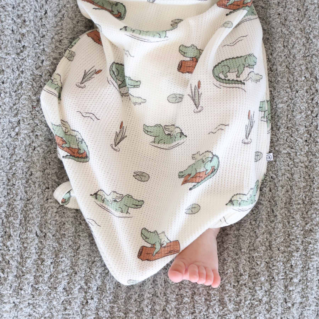 alligator baby knot gown tan, brown and green