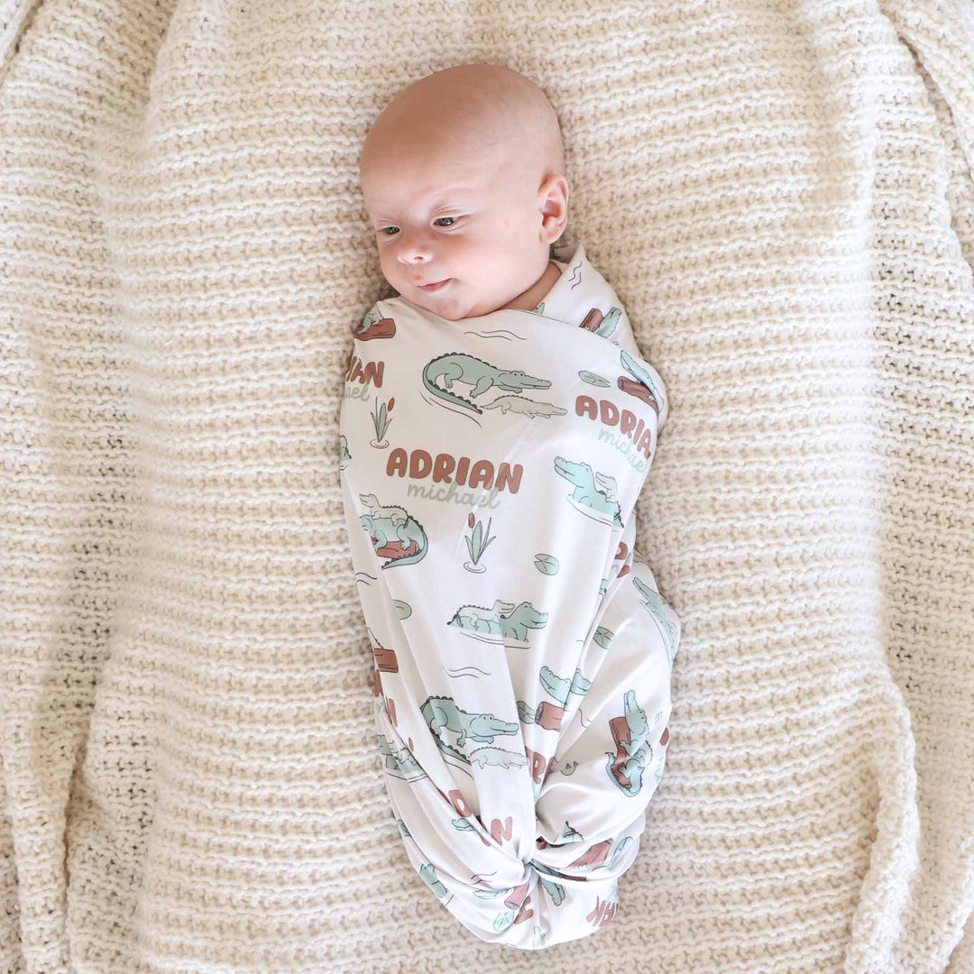 alligator personalized swaddle blanket for boys 